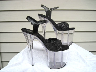Pleaser Flamingo-810 8" Tacón 4" Plataforma Transparente Correa de Tobillo Negra Talla 11 Foto 1 de 4
