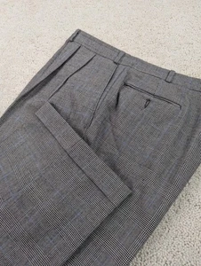 Wool Flannel Pants Mens 39x29 Gray Plaid Vintage Pleated Cuffed Wide Straight - Picture 1 of 12