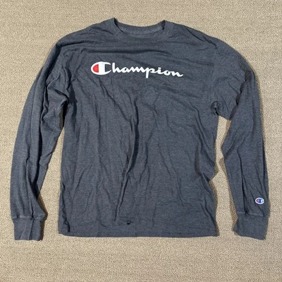Camisa Champion Talla Grande L Gris Azul Pullover Manga Larga Crew Hombres [K519] Foto 1 de 4