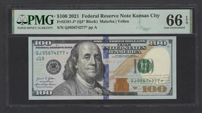United States-Federal Res 100 Dollars 2021 Fr#2191-J* (QJ* Block)UNC Grade 66 - Image 1 of 2