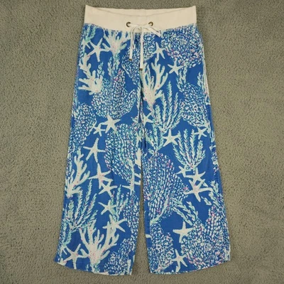Lilly Pulitzer Beach Pants Large Brewster Blue Good Reef Linen Pull On Wide Leg - Image 1 of 4