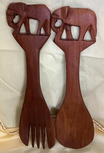 HAND CARVED WOODEN Artisan ELEPHANT SALAD SERVERS Kitchen Fork Spoon Africa-core - Picture 1 of 11