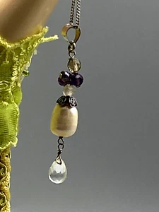 Vintage 925 Sterling Silver Real Amethyst Stone Pearl Pendant Necklace 5.06g - Picture 1 of 11