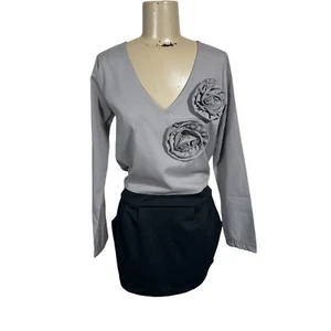 RJ Story Gray Floral Appliqué Gray Sheath Mini Dress V-neck Long Sleeve Pockets - Picture 1 of 5