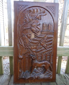 VTG Hand Carved Wood Relief Wolf Fox Castle Grapes Wall Panel Hardwood 27x15 Art - Picture 1 of 17