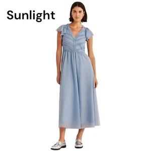 Boden abito donna tulle blu chiaro manica svasata midi tessuto rete donna US 8P - Foto 1 di 13