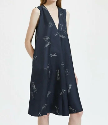 NUEVO CON ETIQUETAS $465 Vestido Theory Estampado Abstracto Sarga de Seda Cuello en V Línea A Foto 1 de 4