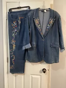 Women’s DENIM 24/7 Jean Pant Suit W/Beading & Stitching Size 24 - Picture 1 of 12