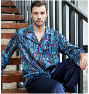 Men's 100% Pure Mulberry Silk Set Print Silk Pajamas Sleepwear Navy Gold M-3XL
