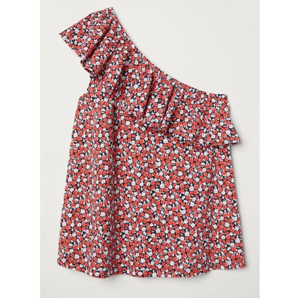 Camiseta sin mangas H&M de un hombro roja blanca azul marino floral con volantes 100 % algodón 4XL Foto 1 de 4
