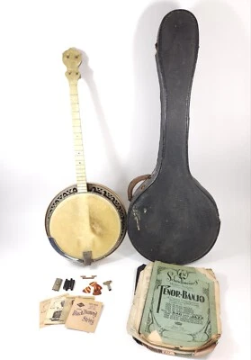 Vtg 1920's 1930's Harmony Tenor 4 String Banjo With Geib Case Page Sheet Music - Image 1 of 4