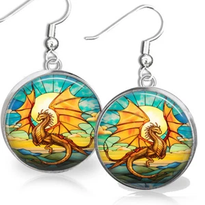 Dragon Earrings Storybook Faux Stained Glass Art Print Fantasy Jewelry - Picture 1 of 3