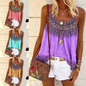 Women Summer Loose Casual Vest Tank Tops Sleeveless Boho Printing T-Shirt Blouse - Picture 1 of 28