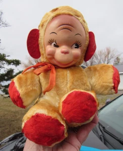 VINTAGE RUBBER FACE PLUSH MONKEY MONKI-GUND YELLOW RED GUND DOLL 10" - Picture 1 of 24
