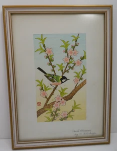 ASHIKAGA SHIZUO JAPAN WATERCOLOUR PAINTING BIRD BLOSSOM TREE STAMP SIGNED FRAMED - Picture 1 of 7