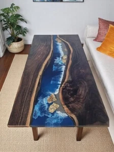48"x24" Blue Ocean Wave Epoxy Resin Dining Table Natural Wooden Live Edge Decors - Picture 1 of 10