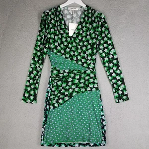 NUOVO DVF Parisa abito donna grande punto fiori increspato floreale tea party verde - Foto 1 di 14