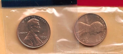 1990-P&D UNCIRCULATED LINCOLN MEMORIAL CENT IN MINT SET CELLO (2 COINS) Cover