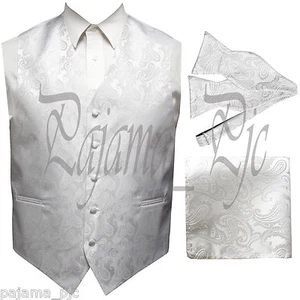 WHITE Paisley Tuxedo Dress Vest Waistcoat & SELF TIE Bowtie And Hanky Set Weddin - Picture 1 of 4