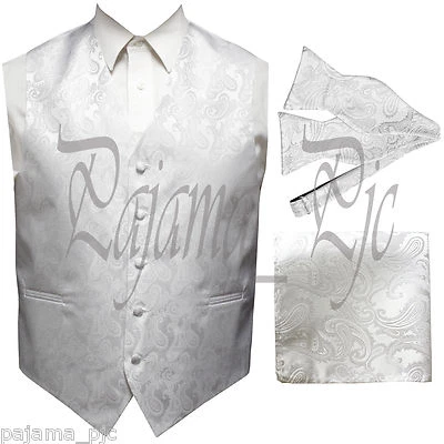 WHITE Paisley Tuxedo Dress Vest Waistcoat & SELF TIE Bowtie And Hanky Set Weddin - Image 1 of 4