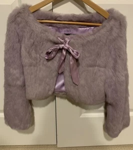 Vintage Y2K Bebe Purple 100% Dyed Rabbit Fur Silk Bow Crop Bolero Shawl Medium - Picture 1 of 3