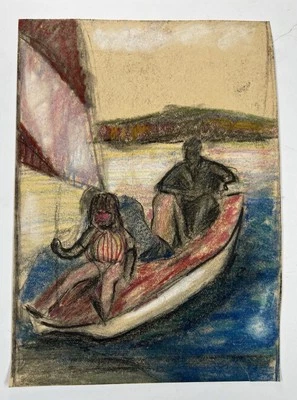 "De colección Impresionismo Pastel Dibujo Padre Con Niños En Velero 9x7"" Arte" Foto 1 de 4