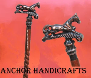 Nautical Handmade Victorian Horse Handle Spiral Curved Wood Brown Walking Stick - Picture 1 of 8