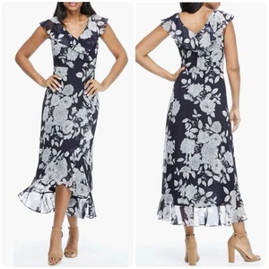NEW London Times Floral Ruffle Faux Wrap Maxi Dress Navy White Size 16 - Bild 1 von 13