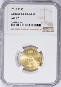 2011 MEDAL OF HONOR $5 GOLD BU HALF EAGLE / PERFECT MS70 / AGW = 0.2419 Oz. - Picture 1 of 2