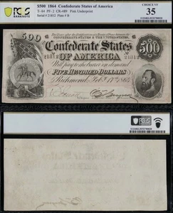 SC 1864 $500 T-64 Confederate States of America PCGS 35 Gen. Stonewall Jackson - Picture 1 of 4