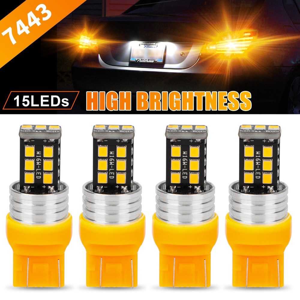 4x 7443 7440 LED Amber Yellow Turn Signal Parking DRL Side Marker Light Bulbs
