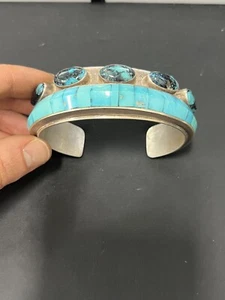 NAVAJO LEE PAULIN STERLING SILVER TWO VARIETY TURQUOISE CUFF BRACELET ( 81.6g ) - Picture 1 of 14