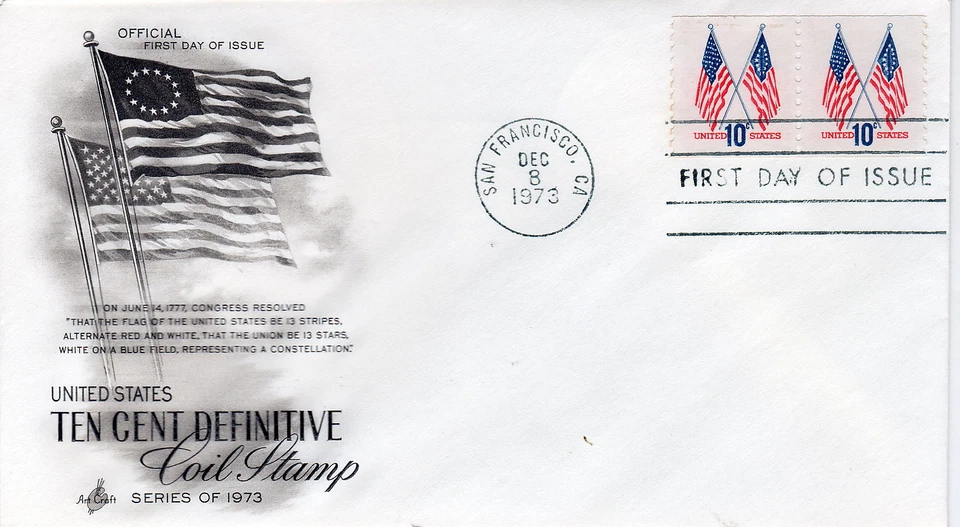 FDC 1519 10c Definitive Flag Dec 8 1973 Art Craft coil pair - Image 1 of 1