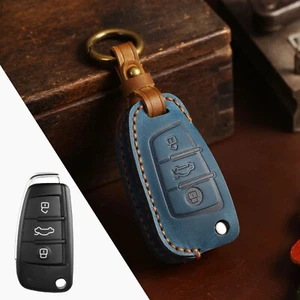 Leather Flip Car Key Case Fob Cover For Audi A1 A3 Q3 A4 A5 A6 A7 Q5 Q7 TT Blue - Picture 1 of 7