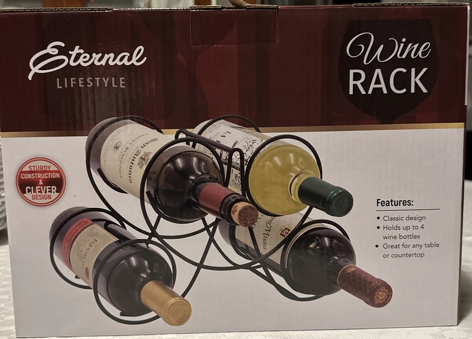 Eternal Lifestyle Black Metal Wine Rack Holds 4 Bottles Tabletop Holder