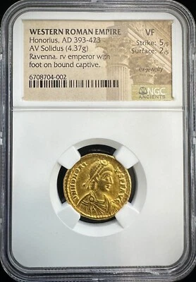 Honorius AD 393-423 AV Solidus (4.37g) Gold Coin NGC VF Strike 5/5 Surface 2/5 - Image 1 of 2