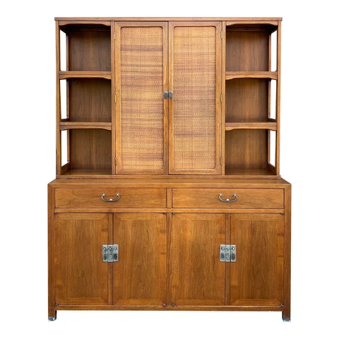 1960s American of Martinsville Mid Century Modern Walnut & Rattan China Cabinet Cover