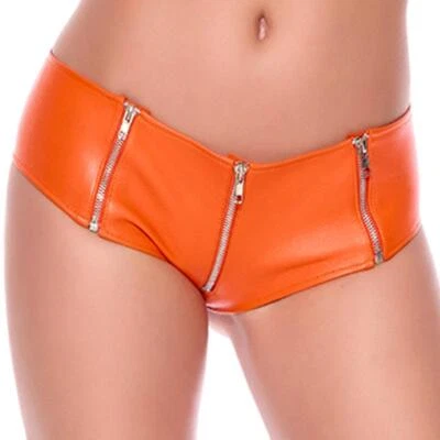 Leather Shorts Zipper Front Closure Accents Cheeky Back Booty Mini Orange L7148 - Изображение 1 из 4