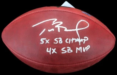 Tom Brady Firmado "5X SB CHAMP 4X SB MVP" NFL El Duque Juego Fútbol Etiqueta Tristar Foto 1 de 4
