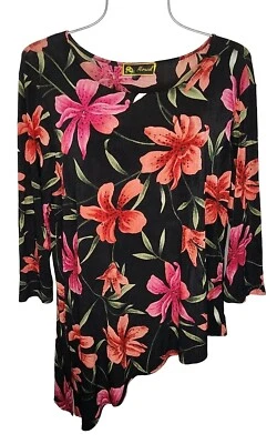 Marisol Black Floral Print Jersey Knit Stretch 3/4 Sleeve Asymmetric Hem Top S - Image 1 of 4