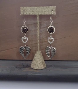 Boho Burgundy Wine Heart Agate Druzy Angel Wings Chandelier Dangle Earrings - Picture 1 of 3