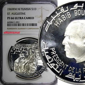 Tunisia Silver 1969 FM NI 1 Dinar St. Augustine NGC PF66 ULTRA CAMEO KM#296 (31) - Picture 1 of 4