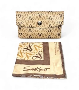 Vintage 70er SM Kent & Avon Logo Clutch und passender neuer Schal braun beige hellbraun - Bild 1 von 13