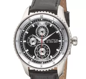 Just Reduced **Nautica N14581G 3Dial Face 100M WP Black Leather Band NWT - Picture 1 of 3