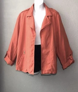 Chicos 3 Orange Linen Moto Jacket Roll Tab Sleeve Zippered Pockets NWT Size XL - Picture 1 of 13