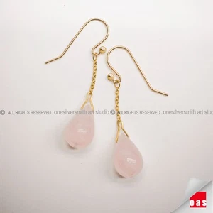 NUEVO. Pendientes de diseñador únicos de cuarzo rosa de oro amarillo sólido de 18k - Imagen 1 de 10