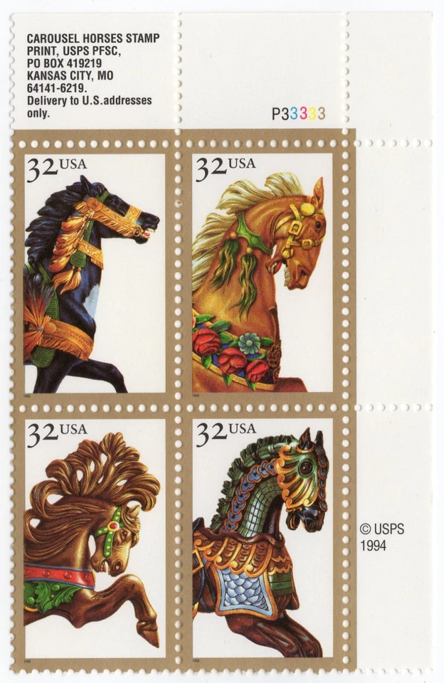 Scott #2979a (2976-79) Carousel Horses Plate Block of 4Stamps - MNH UR P#33333 - Image 1 of 1