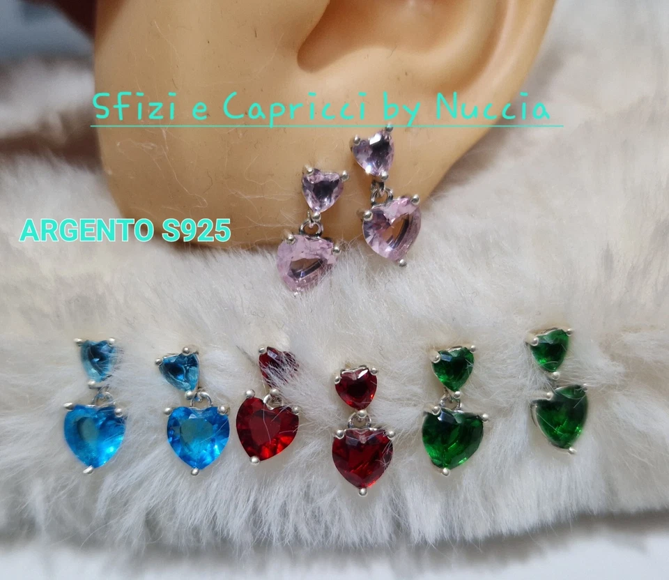 Orecchini pendenti Due Cuori donna ARGENTO S925 cuori zirconi colorati  - Immagine 1 di 1