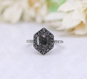Hexagon Rutilated Quartz Ring Vintage Black Halo Silver Women’s Jewelry - Picture 1 of 10