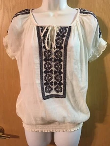 Tommy Hilfiger Womens Size Medium Blue Embroidery Detail Cinched Hem Tie Top  - Picture 1 of 8